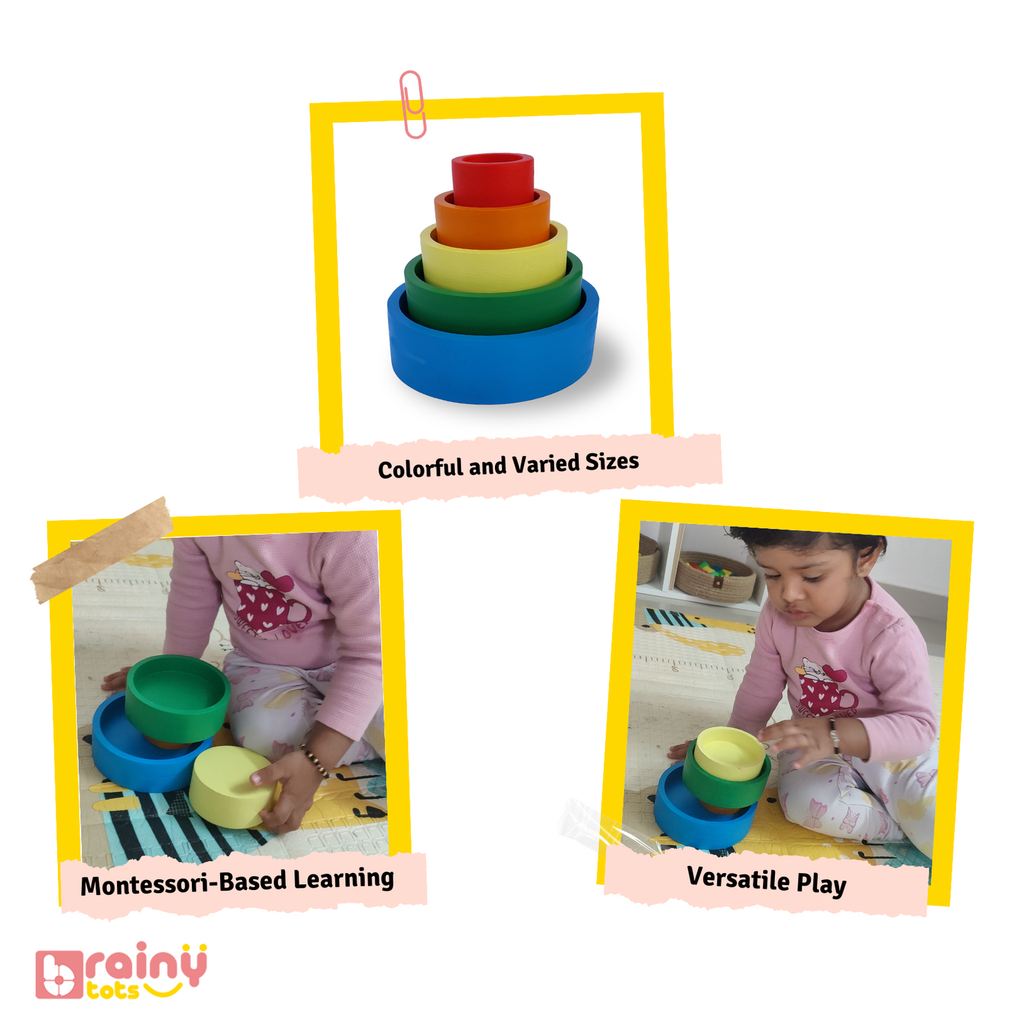 Features of our Nesting Bowls, designed for babies aged 6 months and up. These Montessori toys enhance problem-solving skills, fine motor abilities, and cognitive development. Made from safe, durable materials, they are perfect for stacking, sorting, and sensory exploration. Ideal for early learning and interactive play.