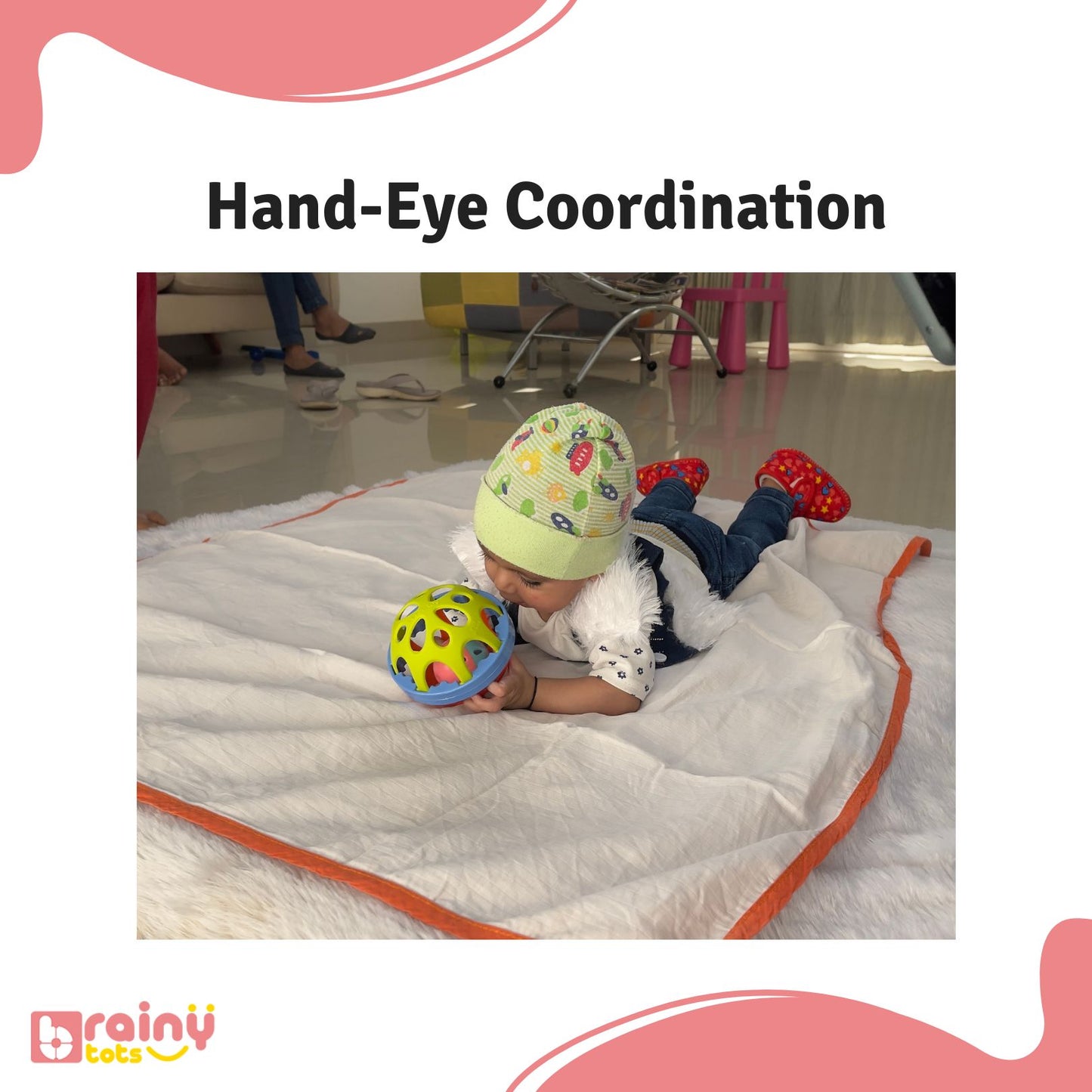 Enhance hand-eye coordination with our O Ball. Designed with dynamic shapes and easy-to-grasp features, this versatile toy encourages infants and toddlers to reach, grab, and manipulate, fostering the development of crucial hand-eye coordination skills essential for early childhood development.