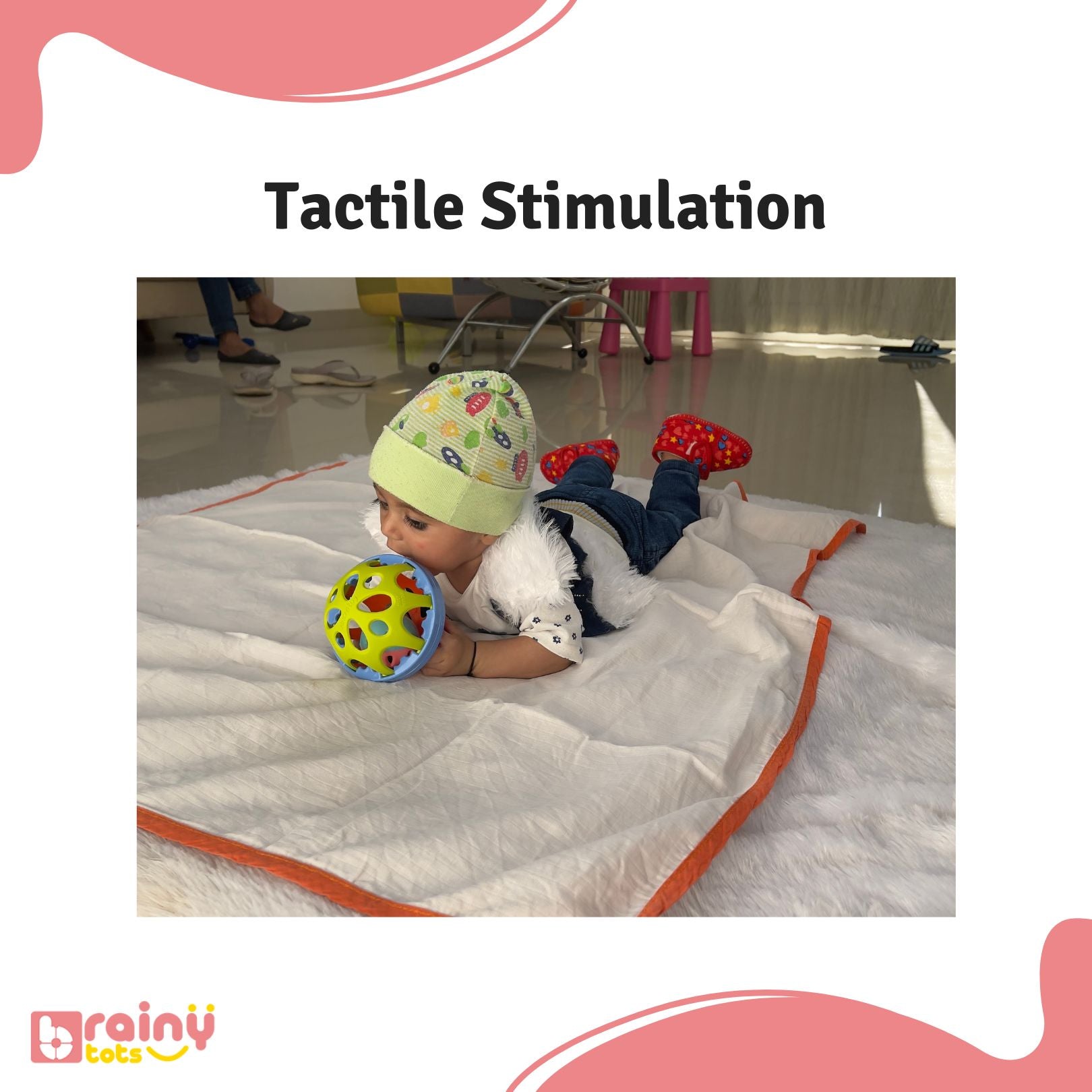 Promote tactile stimulation with our O Ball. Designed with textured surfaces and dynamic shapes, this sensory toy provides a stimulating experience for infants and young children, encouraging exploration and sensory development through touch and feel.