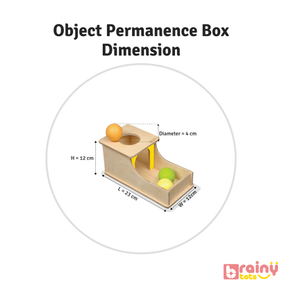 Unveil the dimensions of our Object Permanence Box, an essential tool for your baby's cognitive development. Designed with the perfect size to fit little hands and colorful balls, it fosters exploration and understanding of object permanence. Elevate your baby's playtime with BrainyTots.com.