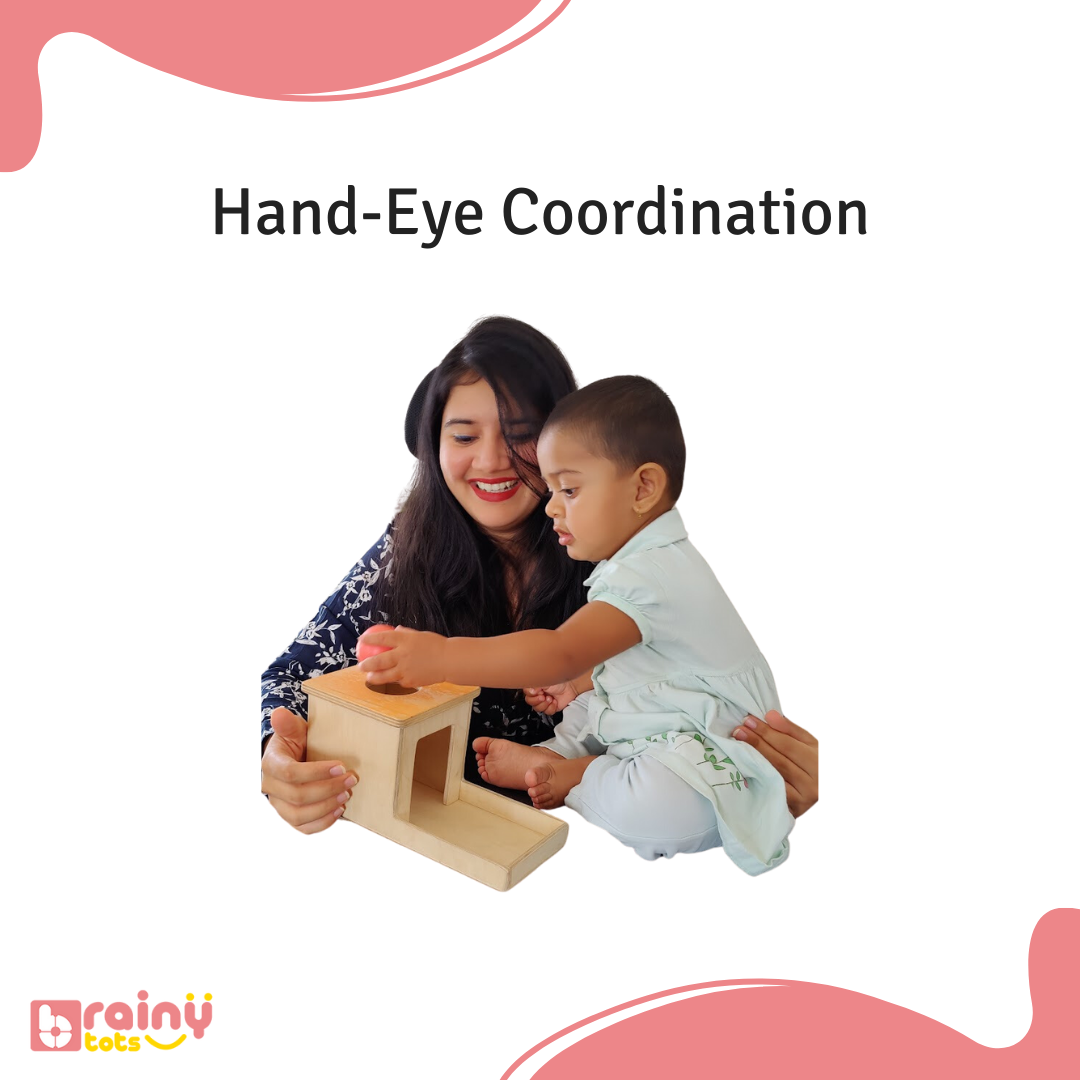 Elevate your baby's hand-eye coordination with our Object Permanence Box. As they grasp the colorful balls and drop them into the box, they hone their ability to coordinate hand movements with visual cues. This process strengthens neural connections and lays the foundation for more precise movements in the future. Elevate your baby's developmental journey with BrainyTots.com.