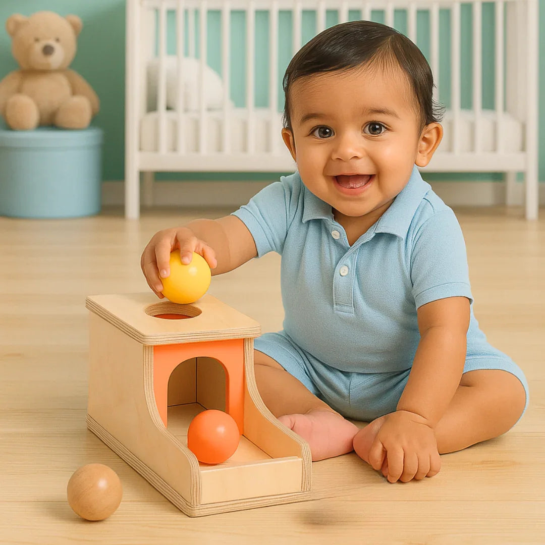 Wooden object permanence box with 3 balls for babies