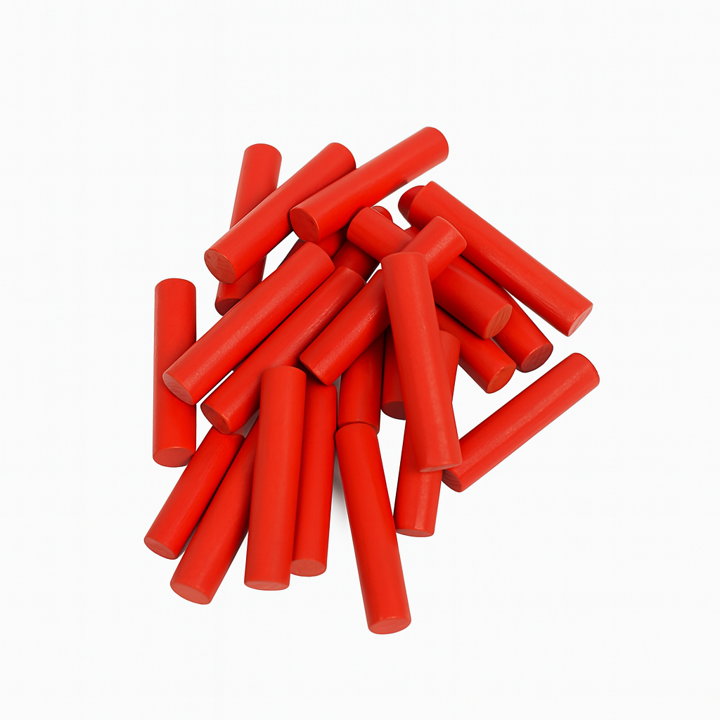 Replacement pegs for number peg board toy for babies and toddlers. Red cylindrical made of wood. 