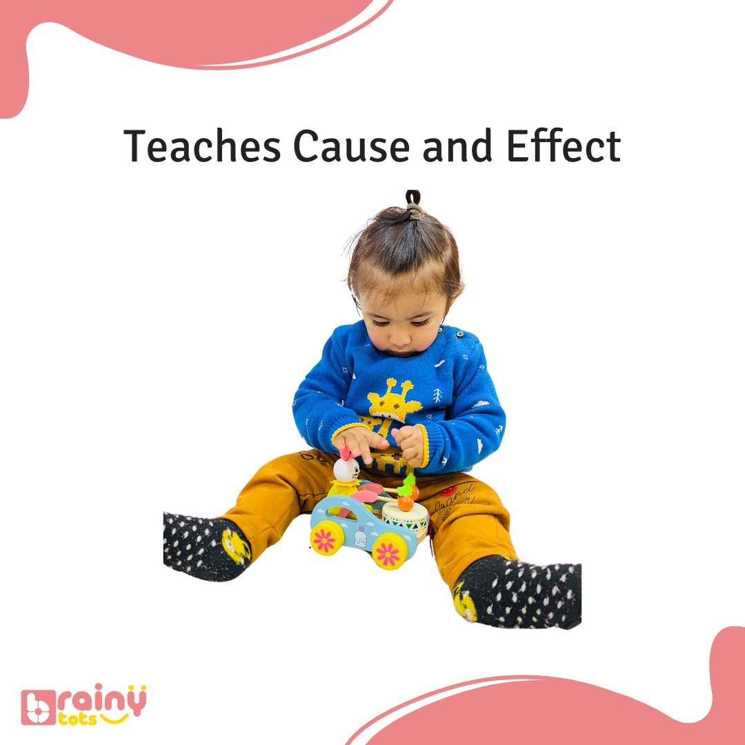 Explore how our Pull Toy aids in teaching cause and effect to babies, as shown in this image. The toy's responsive movements when pulled help little ones understand action-reaction dynamics, fostering early cognitive development.