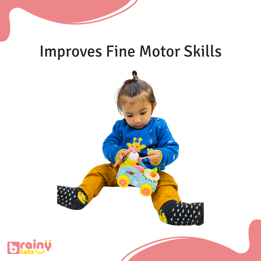 Discover how our Pull Toy helps babies develop fine motor skills in this image, featuring its graspable parts and movements that encourage precision and coordination in young children.
