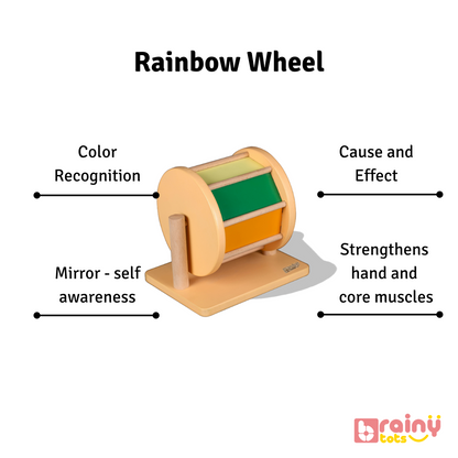 Uncover the myriad benefits of our Rainbow Spinning Wheel for babies aged 3 months and up. From encouraging crawling to improving neck holding capability, enhancing core strength, and fostering hand-eye coordination, this engaging toy offers holistic development. Elevate your baby's playtime experience and developmental journey with BrainyTots.com.