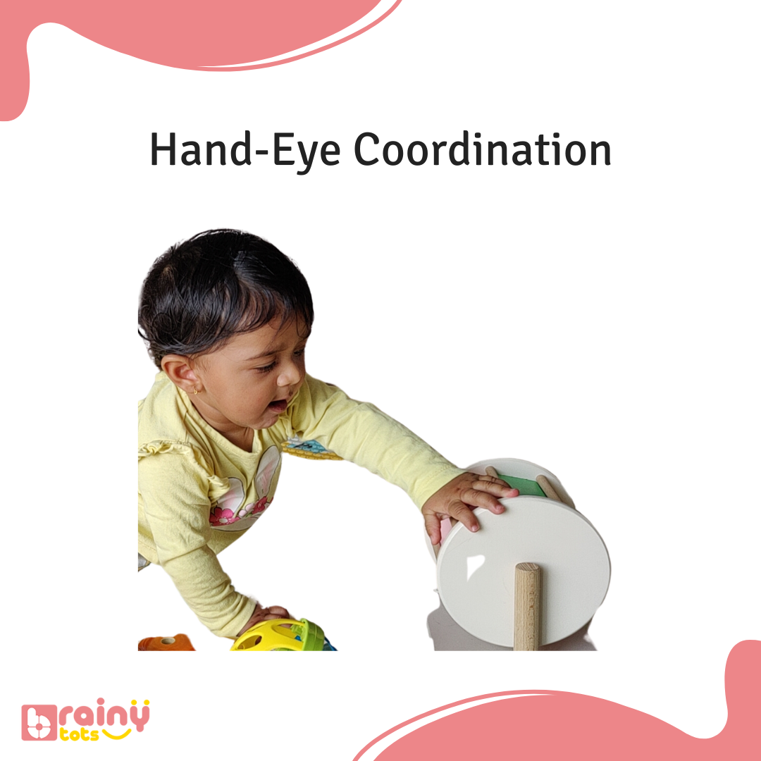 Unleash the benefits of our Rainbow Spinning Wheel for hand-eye coordination in babies aged 3 months and up. As they engage with the vibrant colors and smooth spinning action, babies develop crucial coordination skills, aligning their hand movements with visual cues. Elevate your baby's sensory exploration and cognitive development with BrainyTots.com.