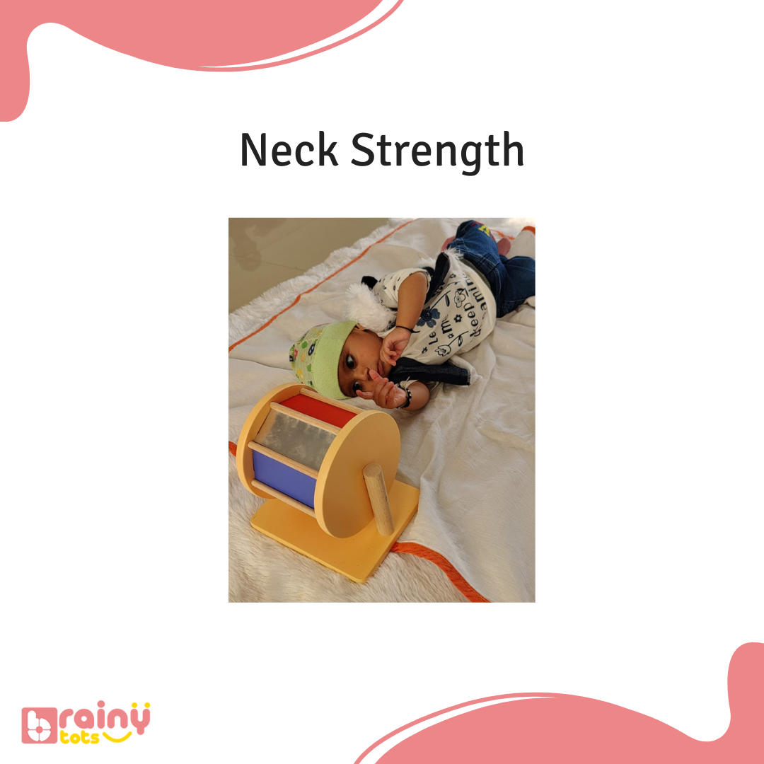 Unveil the benefits of our Rainbow Spinning Wheel for neck strength in babies aged 3 months and up. As they track the colorful spinning motion, babies naturally engage their neck muscles, fostering strength and stability. Elevate your baby's physical development and motor skills with BrainyTots.com.