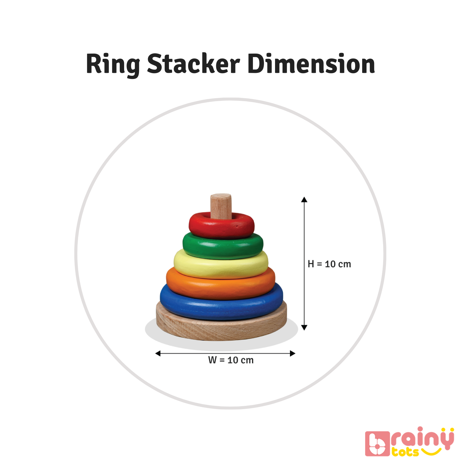 Meta Description: Explore the dimensions of our Ring Stacker, an essential toy for your baby's development. Crafted with safe materials, its compact size is perfect for little hands, promoting fine motor skills and spatial awareness. Elevate playtime with BrainyTots.com.
