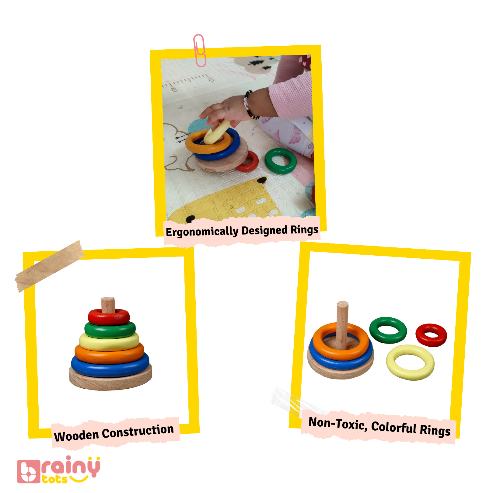 Explore the captivating features of our Ring Stacker, meticulously crafted to engage and entertain your baby. With vibrant colors, smooth stacking rings, and a sturdy base, this toy stimulates sensory exploration, hand-eye coordination, and cognitive development. Elevate your baby's playtime experience with BrainyTots.com.