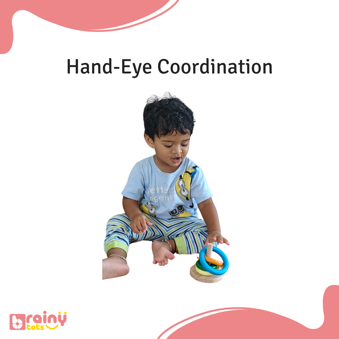 Enhance your baby's hand-eye coordination with our Ring Stacker. As they grasp and stack the colorful rings, they develop crucial coordination skills by aligning their hand movements with visual cues. Elevate their developmental journey with BrainyTots.com.