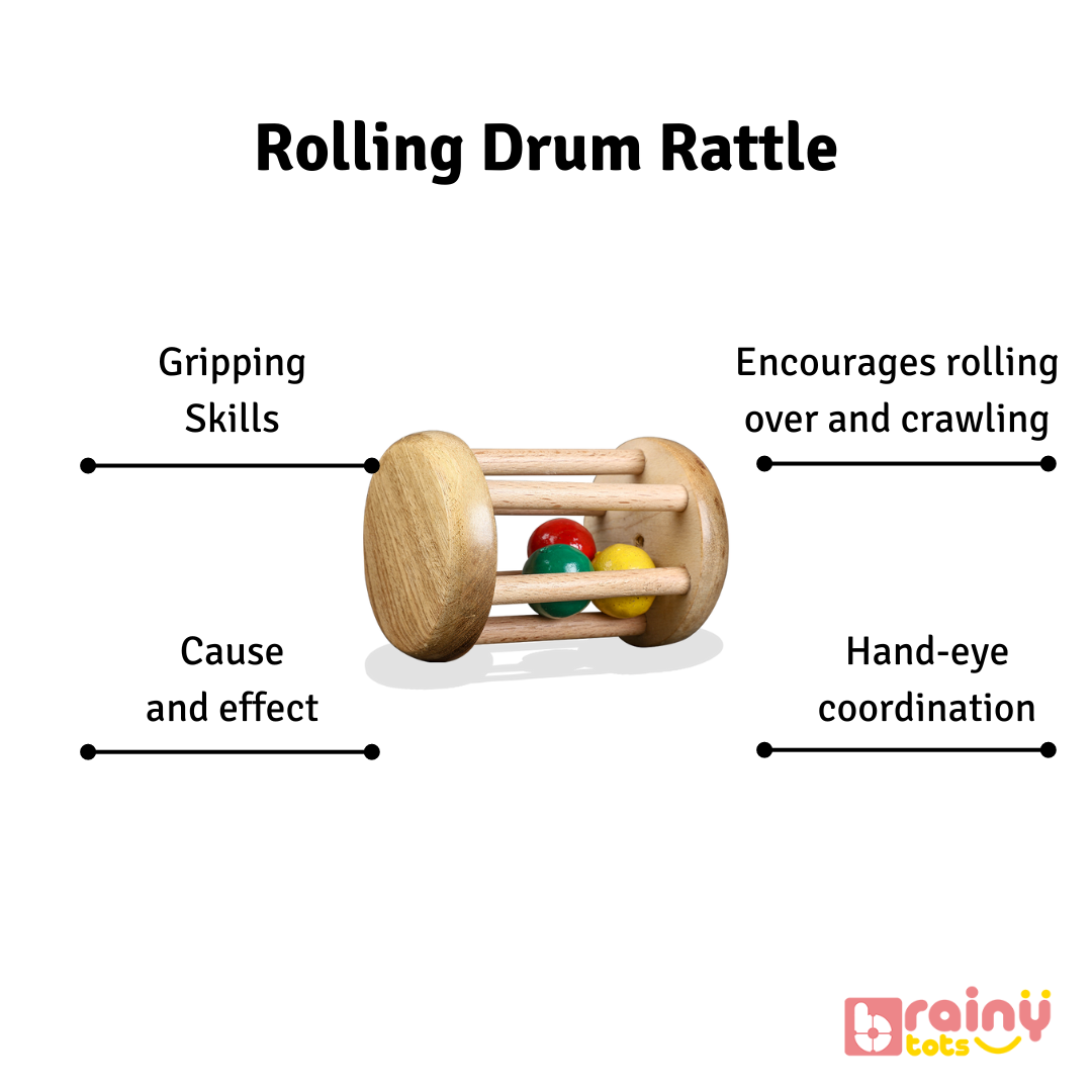 Discover the myriad benefits of our Rolling Drum Rattle for your baby's development. From enhancing sensory exploration to fostering hand-eye coordination and promoting cognitive growth, this versatile toy offers endless opportunities for learning and play. Elevate your baby's developmental journey with BrainyTots.com.