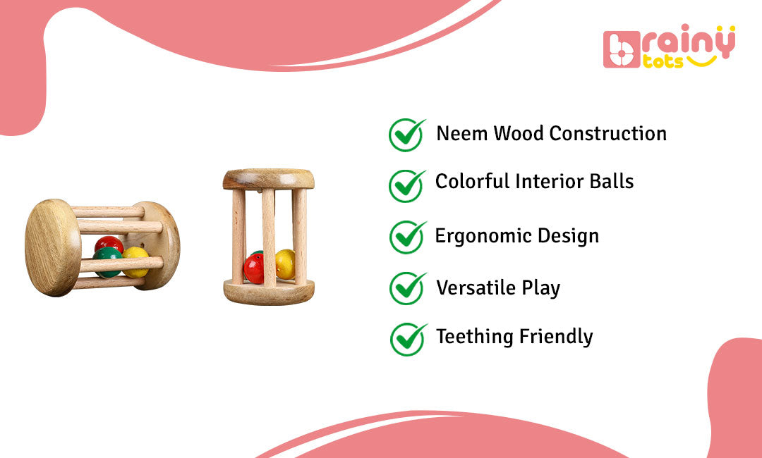 Explore the features of our Rolling Drum Rattle, crafted to captivate your baby's senses and encourage early development. Delight in the vibrant colors, smooth rolling action, and gentle rattling sounds that stimulate auditory and motor skills. Discover endless hours of interactive playtime fun with BrainyTots.com.