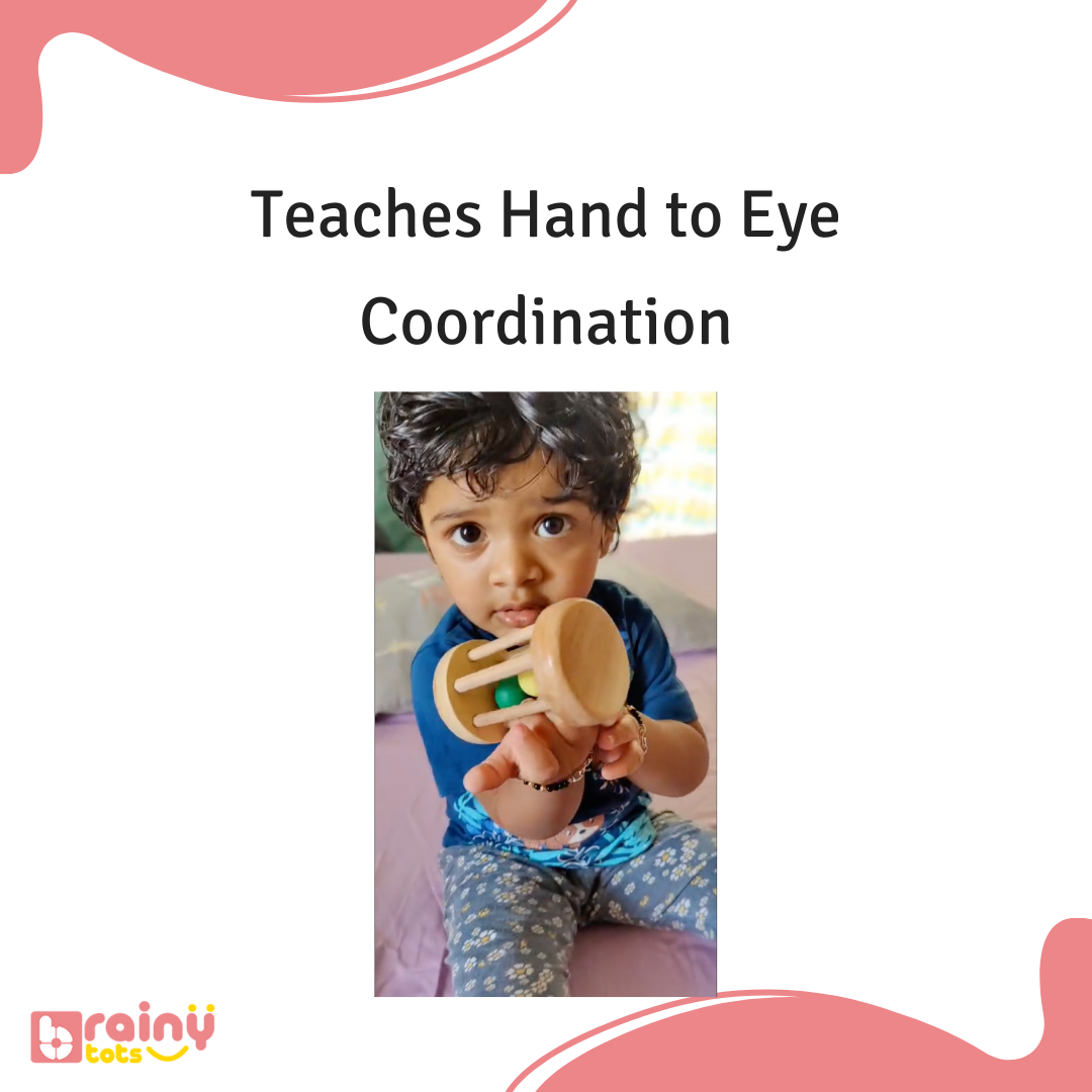 Enhance your baby's hand-eye coordination with our Rolling Drum Rattle. Watch as they grasp and manipulate the toy, developing crucial motor skills while enjoying the rhythmic sounds it produces. Elevate their playtime experience and encourage skill development with BrainyTots.com.