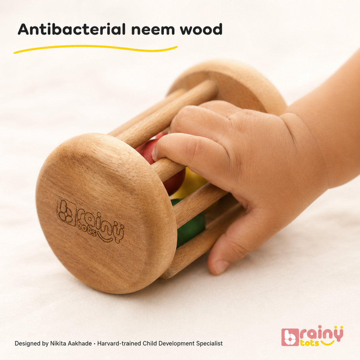 Montessori Rolling Drum Rattle – Grasp & Movement Toy for Babies