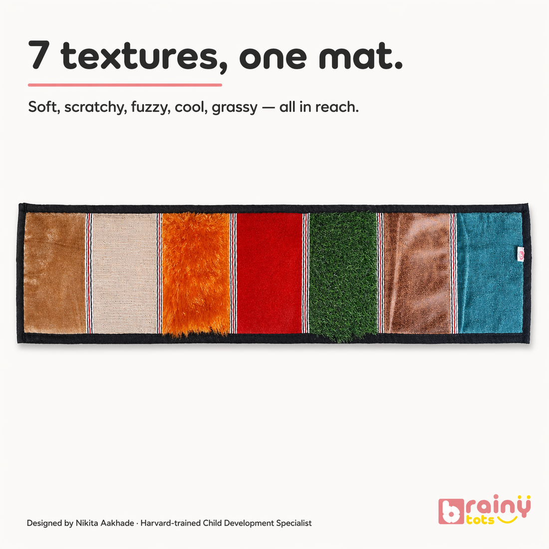 A full-length view of the BrainyTots Sensory Texture Mat showcasing its seven diverse textures, from scratchy to fuzzy, providing a rich sensory experience for toddlers.