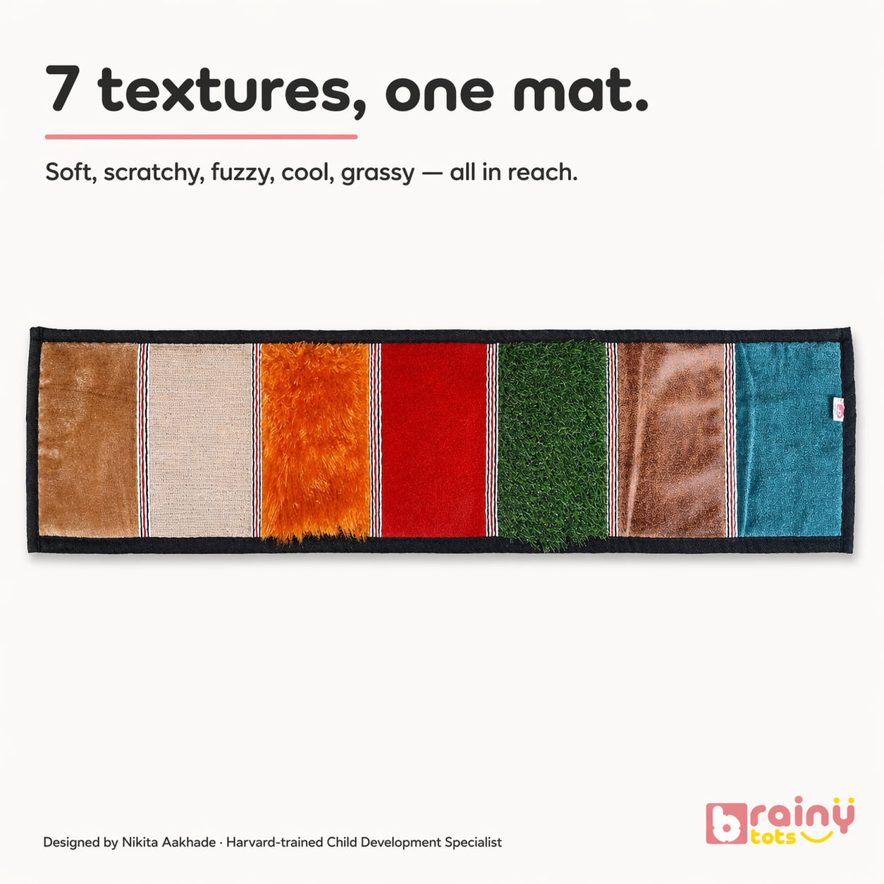 A full-length view of the BrainyTots Sensory Texture Mat showcasing its seven diverse textures, from scratchy to fuzzy, providing a rich sensory experience for toddlers.