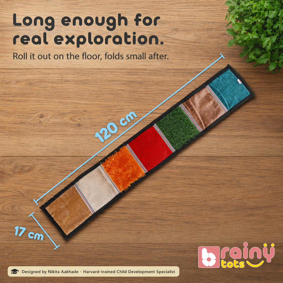 Product dimensions for the BrainyTots Sensory Texture Mat showing a length of 120 cm and a width of 17 cm, demonstrating its long, foldable design for easy storage.