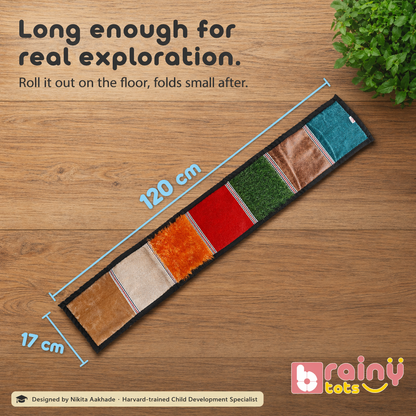 Product dimensions for the BrainyTots Sensory Texture Mat showing a length of 120 cm and a width of 17 cm, demonstrating its long, foldable design for easy storage.