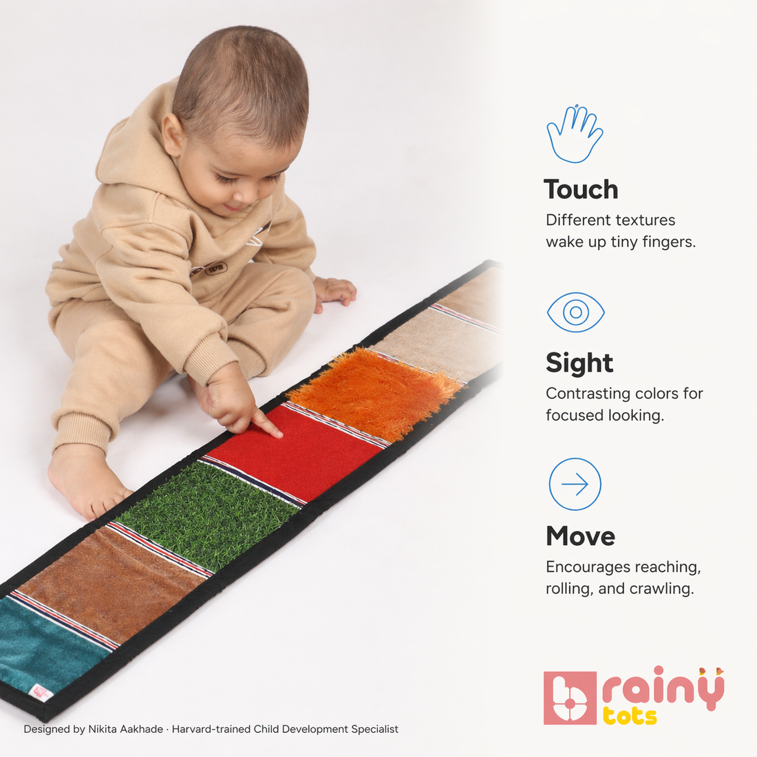Infographic for the BrainyTots Sensory Texture Mat detailing benefits for Touch (tactile waking), Sight (contrasting colors), and Move (encouraging reaching and rolling).