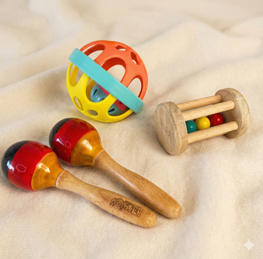 First Rattles Combo | Wooden Baby Toys 0-12 Months | Neem Wood Sensory Set