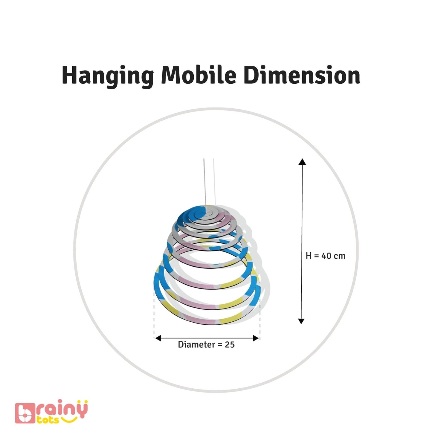 Dimensions of our Spiral Hanging Mobile, designed for infants aged 0-12 months. This Montessori toy features a black and white side for early visual stimulation (0-3 months) and a colorful side for continued engagement (3-12 months). Safe, durable, and perfect for enhancing sensory development, cognitive growth, and motor skills. Ideal for early learning and interactive play.