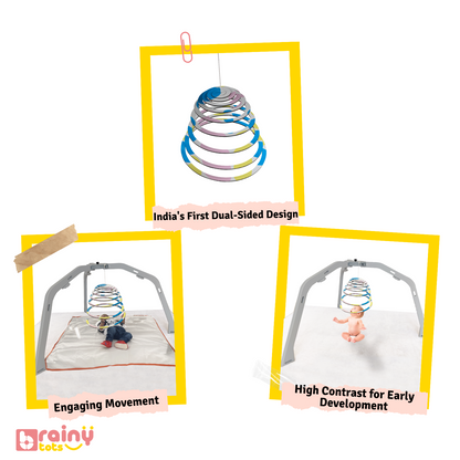 Features of our Spiral Hanging Mobile include a black and white side for infants aged 0-3 months, stimulating visual tracking and depth perception. The colorful side engages babies aged 3-12 months, enhancing sensory development and cognitive growth. This Montessori toy promotes motor skills, is safe and durable, and is perfect for early learning and interactive play.