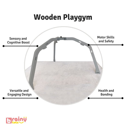 Our Wooden Play Gym offers numerous benefits for infants aged 0-12 months. It promotes sensory development, motor skills, and cognitive growth with high-contrast elements, varied textures, and interactive toys. The inclusion of a baby-safe mirror encourages self-recognition and visual exploration, while the spiral hanging mobile stimulates visual tracking and depth perception. This Montessori toy is safe, sturdy, and perfect for early learning and interactive play.