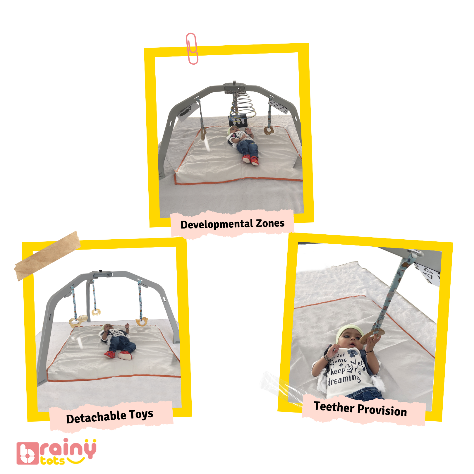 Features of our Wooden Play Gym, designed for infants aged 0-12 months. It includes varied textures, a baby-safe mirror, high-contrast elements, and a spiral hanging mobile. This Montessori toy promotes sensory development, motor skills, and visual exploration. Safe, sturdy, and perfect for early learning and interactive play.
