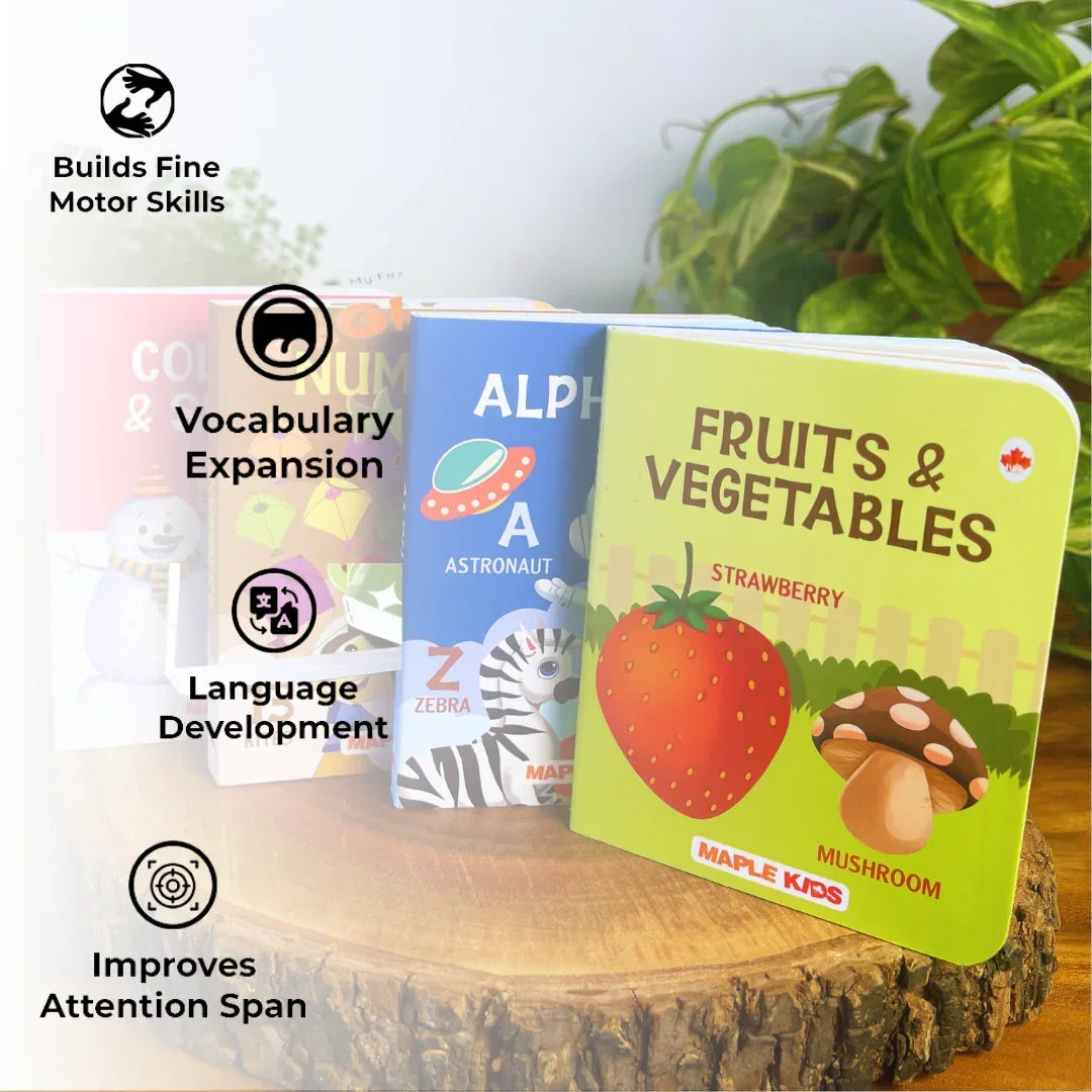 BrainyTots Alphabet & Number Board Book collection featuring colorful board books that build fine motor skills, expand vocabulary, support language development, and improve attention span through interactive early learning for babies aged 3+ months.