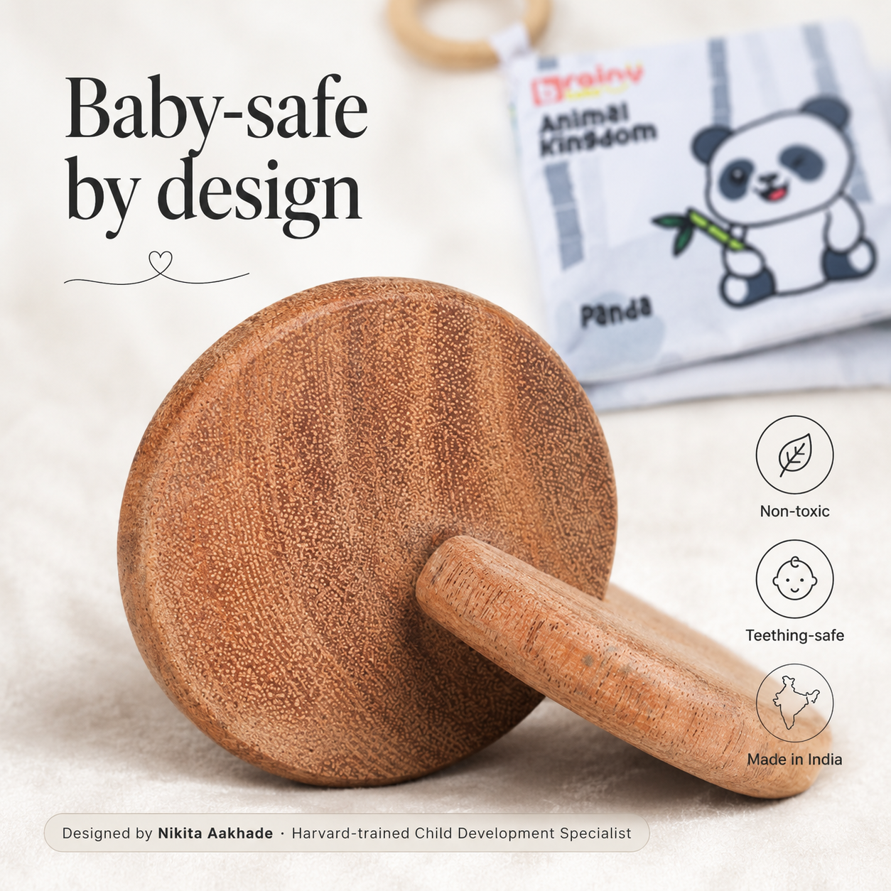 BrainyTots wooden baby toys for early grasping and sensory play, featuring smooth rounded pieces designed for small hands.