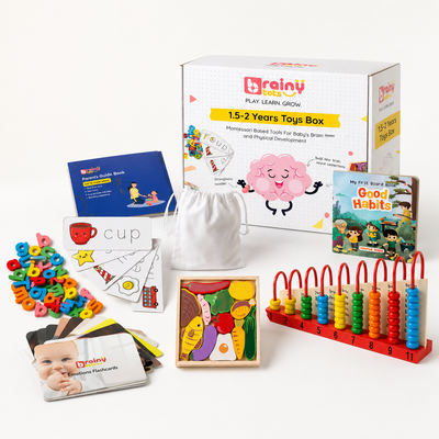 Complete BrainyTots 1.5–2 Years Montessori Toys Box featuring premium wooden educational toys including counting abacus, alphabet letters, vegetable puzzle, emotion flashcards, board book, and developmental learning activities for toddlers aged 18–24 months.