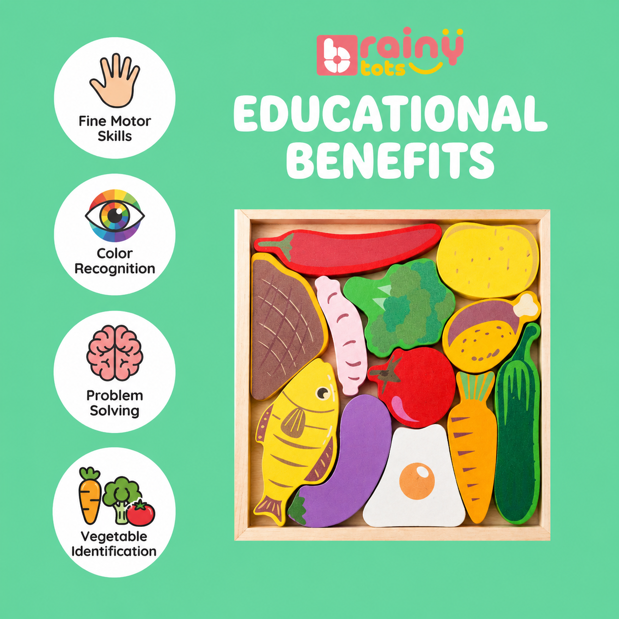 Educational infographic showing the BrainyTots Montessori wooden vegetable puzzle with learning benefits including vegetable identification, fine motor skill development, color recognition, and problem-solving for toddlers aged 1.5–2 years.