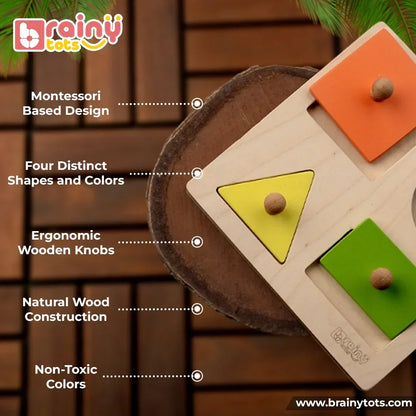 BrainyTots 4 Shapes Puzzle featuring four colorful geometric shapes with ergonomic wooden knobs, natural wood construction, and non-toxic colors. This Montessori-inspired shape sorting toy helps babies aged 6–24 months develop fine motor skills, pincer grip, shape recognition, hand-eye coordination, problem-solving, and independent learning through hands-on play.