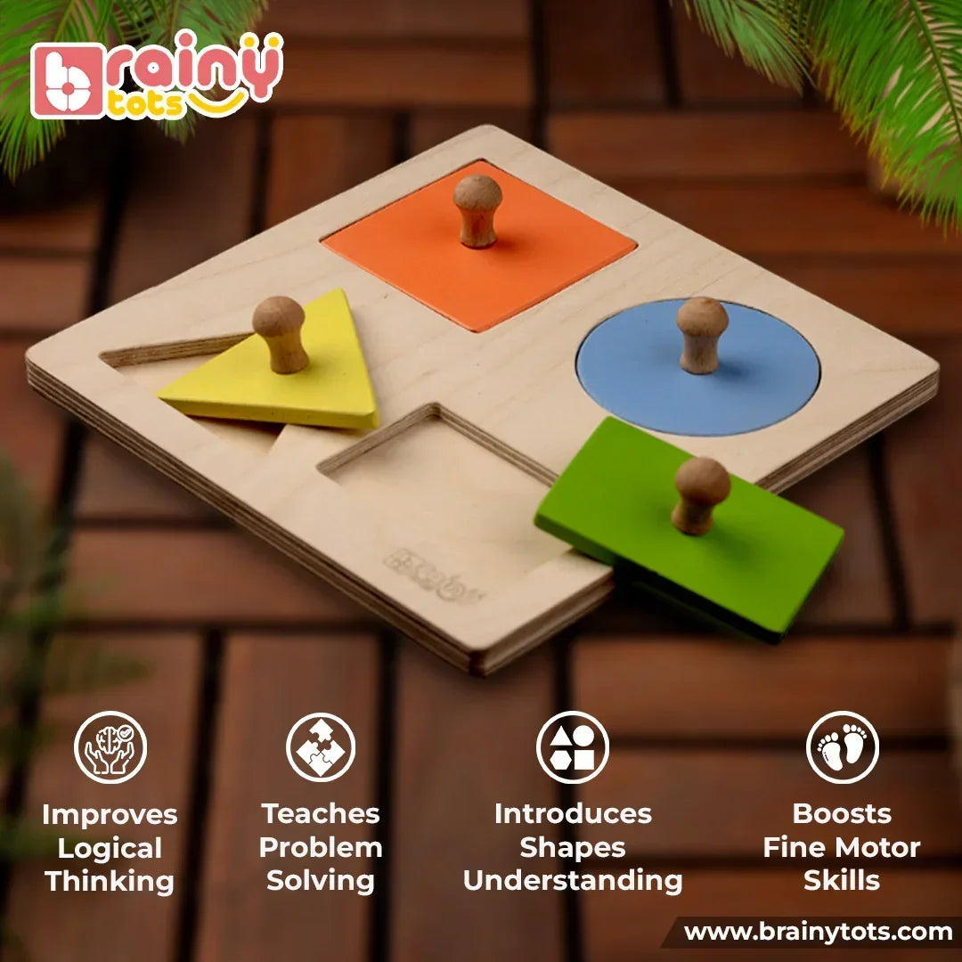 BrainyTots 4 Shapes Puzzle with removable circle, square, rectangle, and triangle pieces featuring easy-grip wooden knobs. This Montessori-inspired wooden shape sorting toy helps babies aged 6–24 months develop fine motor skills, logical thinking, shape recognition, hand-eye coordination, problem-solving, and independent learning through hands-on play.