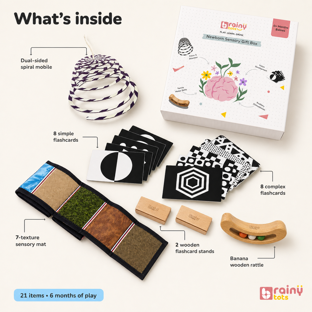 BrainyTots Newborn Sensory Gift Box showing the complete 6-in-1 baby development kit with high-contrast flashcards, sensory texture mat, spiral hanging mobile, wooden banana rattle, and flashcard stands for babies 0–6 months.