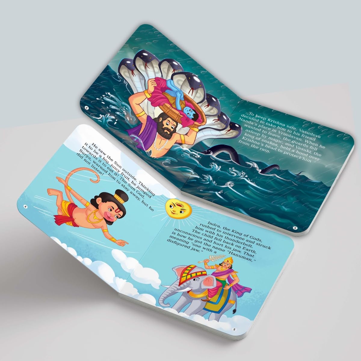 Inside pages of the BrainyTots Mythological Board Book featuring the story of Lord krishna, with colorful illustrations and simple storytelling that introduce toddlers aged 1–4 years to Hindu mythology, Indian culture, devotion, courage, strength, and moral values.