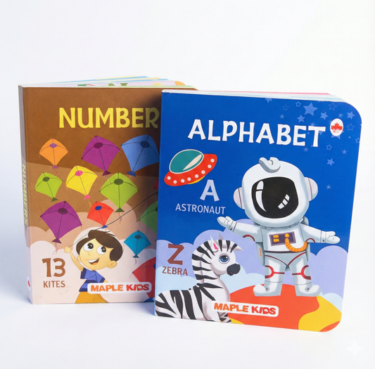 BrainyTots Alphabet & Number Board Book set featuring Alphabet and Number books with high-contrast, colorful illustrations that introduce letters, numbers, early vocabulary, and counting practice for babies aged 3+ months.