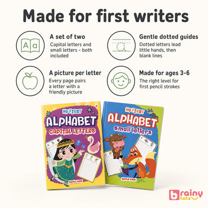 BrainyTots alphabet tracing workbooks highlighting letter recognition, pencil grip, and stroke control for young learners.