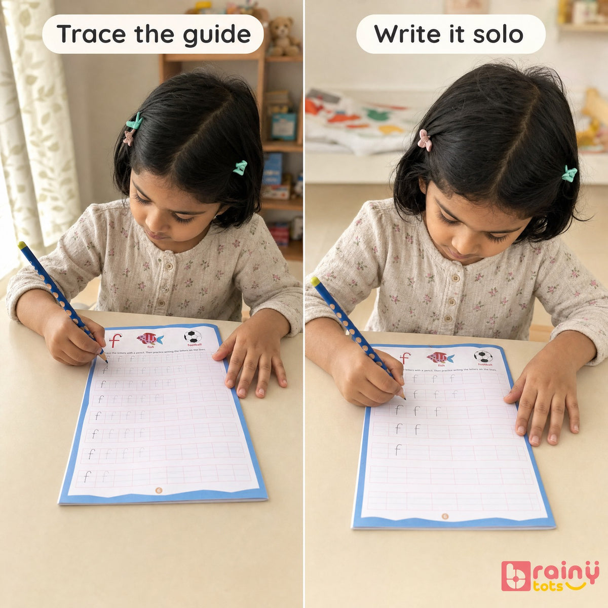 Young child practising alphabet writing and letter strokes with a BrainyTots tracing workbook during screen-free learning time.