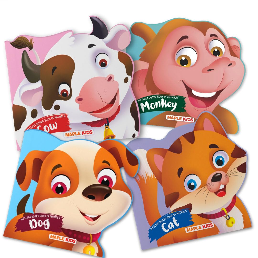 BrainyTots Animal Board Books collection featuring Cow, Monkey, Dog, and Cat books with colorful illustrations to build first words, vocabulary, and animal recognition for babies 4–48 months.