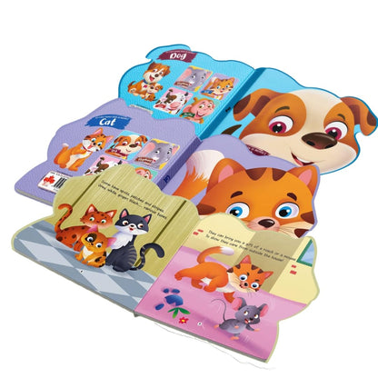 BrainyTots Animal Board Books Set with colorful inside pages featuring Dog, Cat, and other animal stories, designed to build first words, vocabulary, picture recognition, and early reading skills for babies 4–48 months.