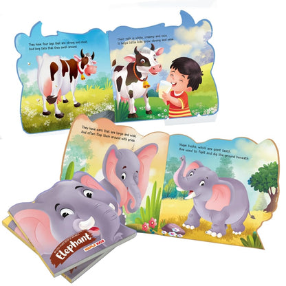 Inside pages of the BrainyTots Animal Board Books featuring Cow and Elephant stories with colorful illustrations that build first words, vocabulary, animal recognition, and early reading skills for babies 4–48 months.
