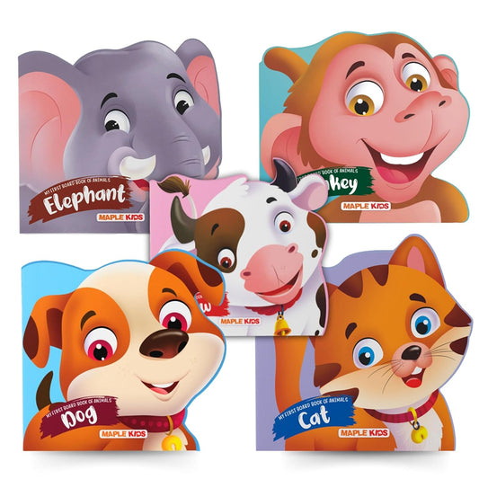 BrainyTots Animal Board Books Set of 5 featuring Elephant, Monkey, Cow, Dog, and Cat, designed to build first words, vocabulary, and early reading skills for babies 4–48 months.