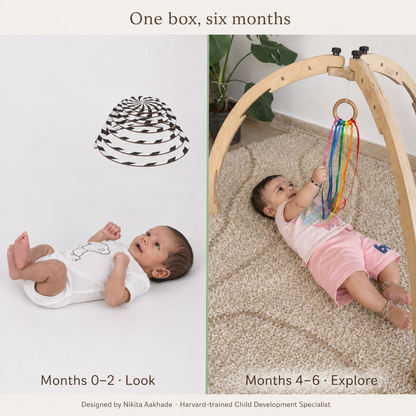BrainyTots baby development toy sequence showing age-appropriate play from looking and tracking to reaching, grasping, and exploring.