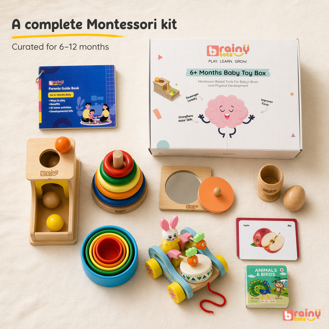 Baby exploring a BrainyTots Montessori problem-solving activity through hands-on play and independent discovery.
