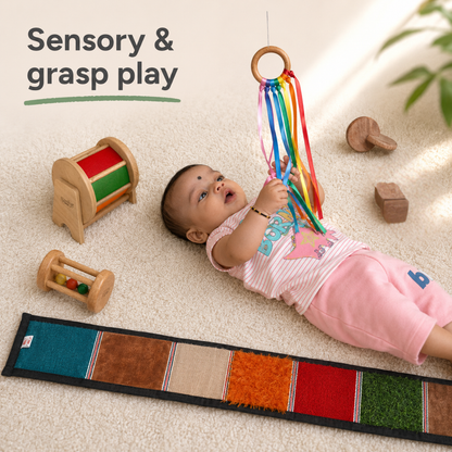 BrainyTots sensory toys for 0–6 month babies featuring textured surfaces, teethers, rattles, and colourful toys for hands-on exploration.
