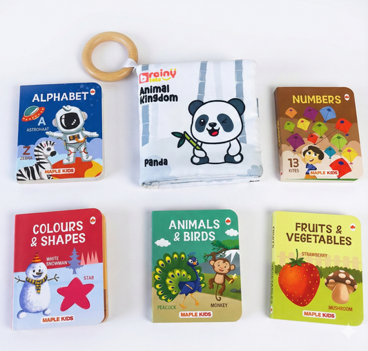 BrainyTots Baby's First Books Set for babies 3+ months featuring a high-contrast jungle cloth book with a natural neem teether and five durable board books that support early reading, language development, vocabulary building, visual stimulation, and parent-child bonding.