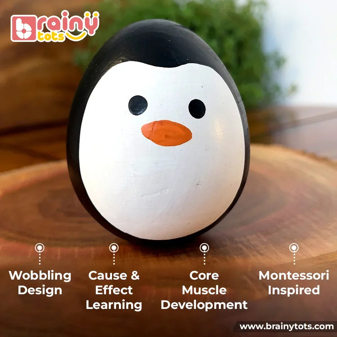 BrainyTots Montessori Balancing Wobbler featuring a wobbling design that encourages cause-and-effect learning, core muscle development, tummy time play, and early motor skills for babies 0–12 months.