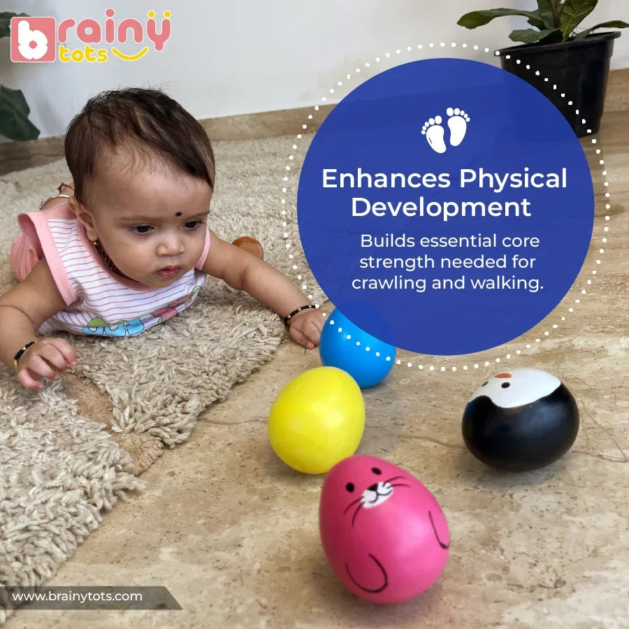 Baby playing with the BrainyTots Montessori Balancing Wobbler during tummy time to encourage physical development, strengthen core muscles, and support crawling and early motor skills for babies aged 3–12 months.